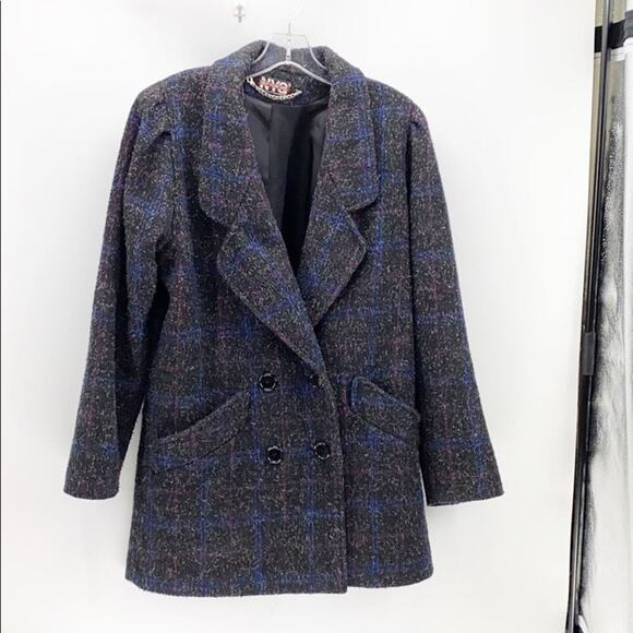 Vintage New York Girl boxy 80s jacket windowpane marled long line wool blend - Picture 1 of 7